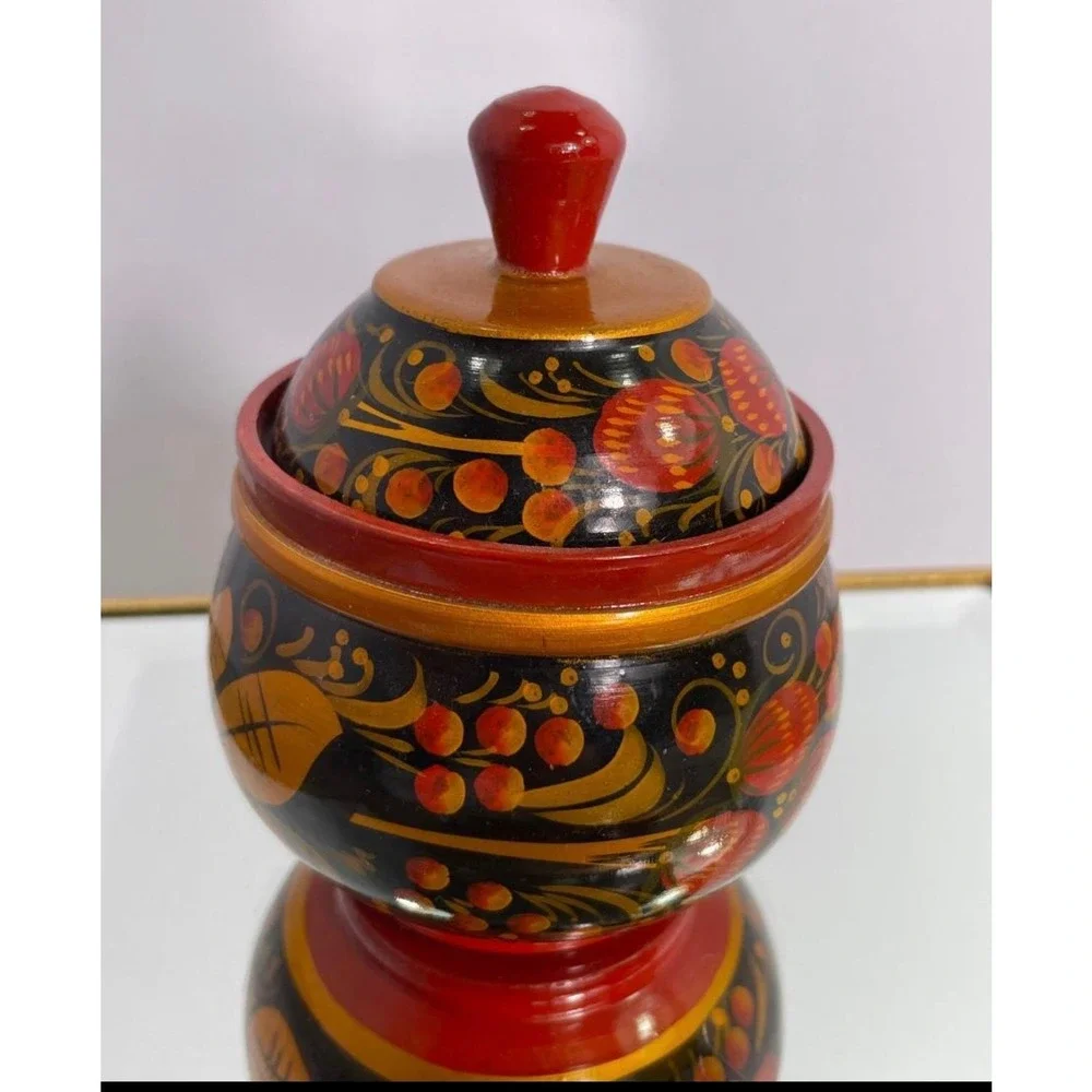 Vintage Russian Khokhloma Painted Lidded Bowl with Spoons Floral Folk Art‎ Set